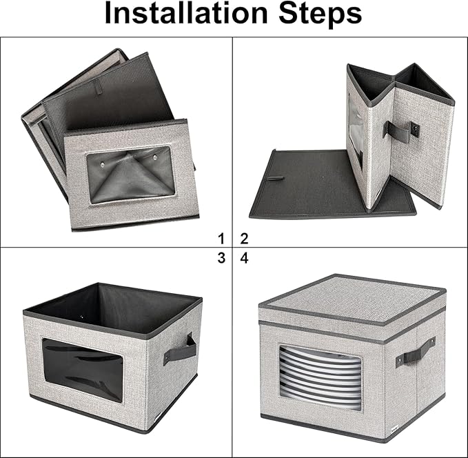 homyfort China Storage Containers With Lid and Handles, Dinnerware Storage Box for Dishes with 12 Felt Dividers, Hold 24 Plates,12 x 12, Set of 2, Light Grey