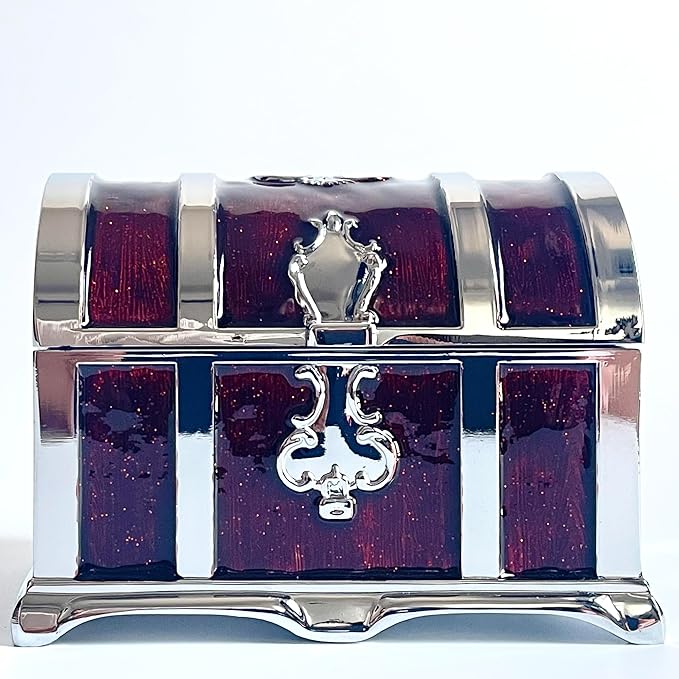 Retro Jewelry Box Arched Vintage Rectangular Metal Chest Necklace Ring Earrings Storage Case for Women Girls (Chrome Transparent Red, M)