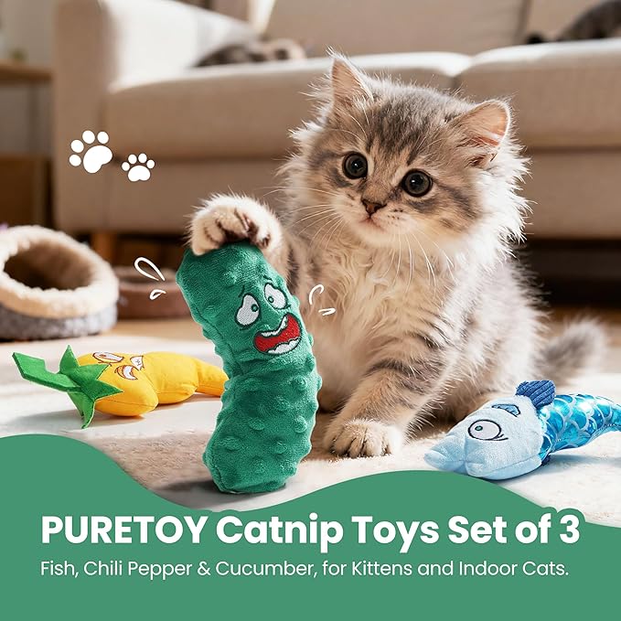 Catnip Toys Set of 3 – Fish, Chili Pepper and Cucumber Plush Cat Toys for Indoor Cats, Natural Catnip Filled Interactive Chew and Teething Toys for Kittens
