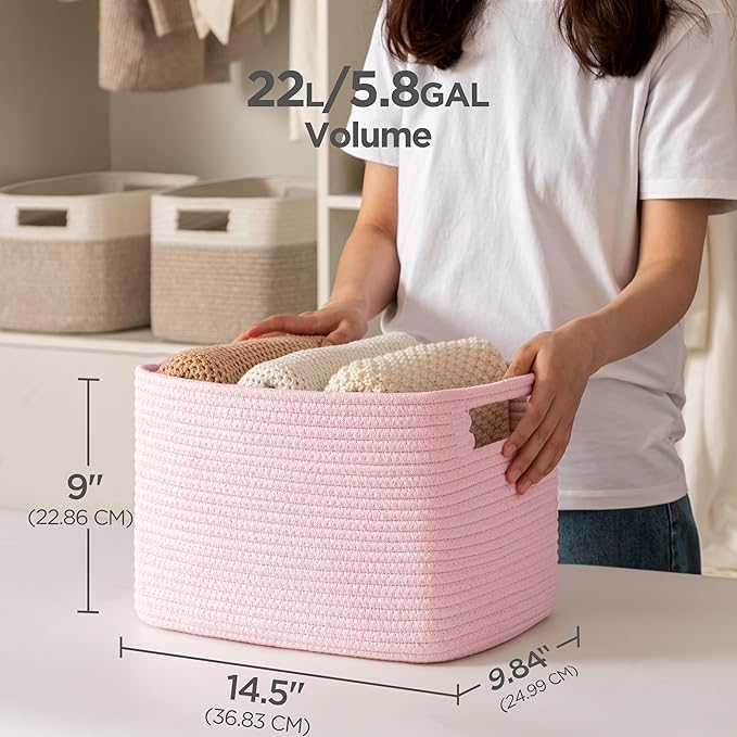 UBBCARE 2 Pack Shelf Baskets, Larger Woven Storage Baskets for Organizing(14.5''L x 9.84''W x 9''H), Basket Organizer for Dog Toys, Books, Clothes, Large Gift Basket, Pink