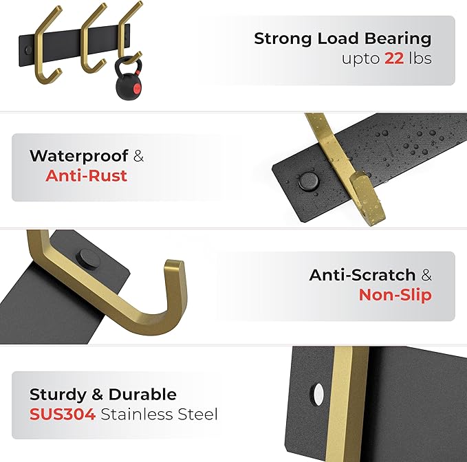 Small Coat Rack Wall Mount – Black and Gold Hook Rail with 3 Double Coat Hooks, 9 Inch Stainless Steel Wall Hooks for Entryway, Bathroom, Bedroom, Closet, Towel, Hat, Bag, Heavy Duty Organizer