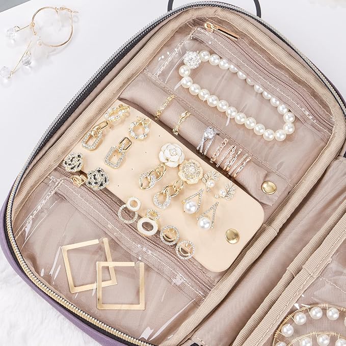 NISHEL Travel Jewelry Case, Holiday Organizer for Necklaces, Earrings, Rings, Bracelets, Watch, Purple