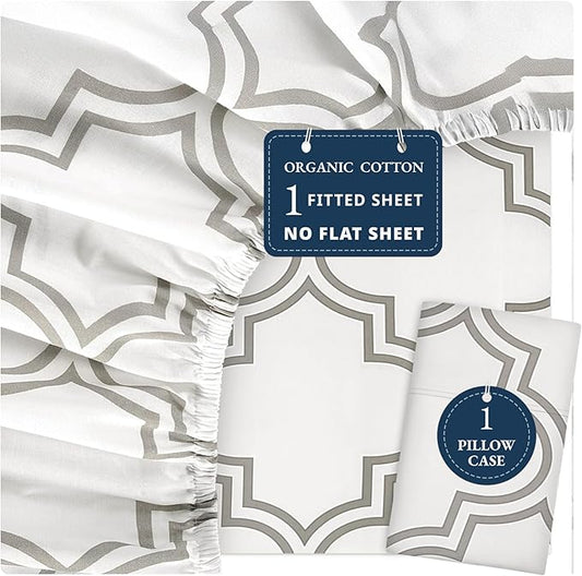 LANE LINEN Twin XL Fitted Sheet, 100% Organic Cotton 2-Piece Set (1 Fitted Sheet,1 Pillowcase),Percale Weave,Bottom Sheet, Soft, Breathable,Fits Mattress Upto 15" Deep - Trellis Silver(No Flat Sheet)