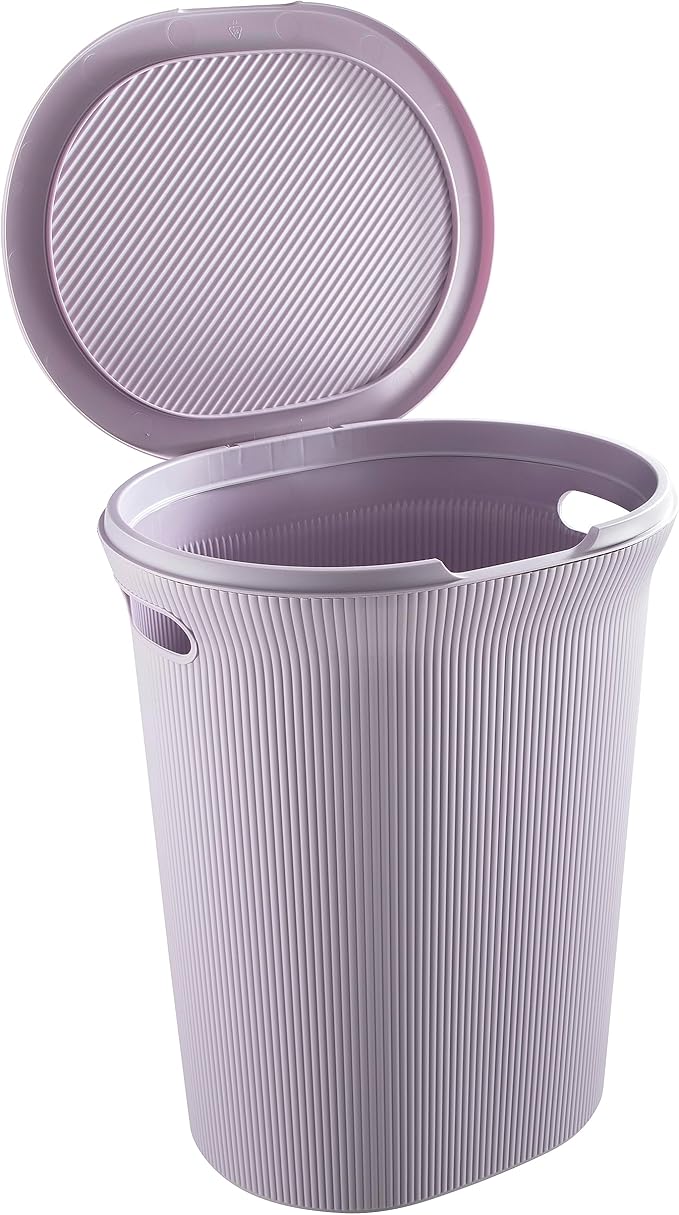 Superio Ribbed Collection - Decorative Plastic Laundry Basket & Laundry Hamper with Lid and Cut-Out Handles, Lilac (Set of 2) Organzier for Bedroom Bathroom College Dorm Room
