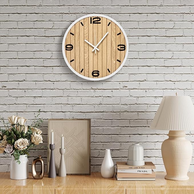 12 Inch Round Wall Clock Wooden - Battery Operated Silent Decorative Analog Clocks for Apartment, Bedroom, Kitchen, Entryway, Classroom - Fits Farmhouse/Modern Home Styles
