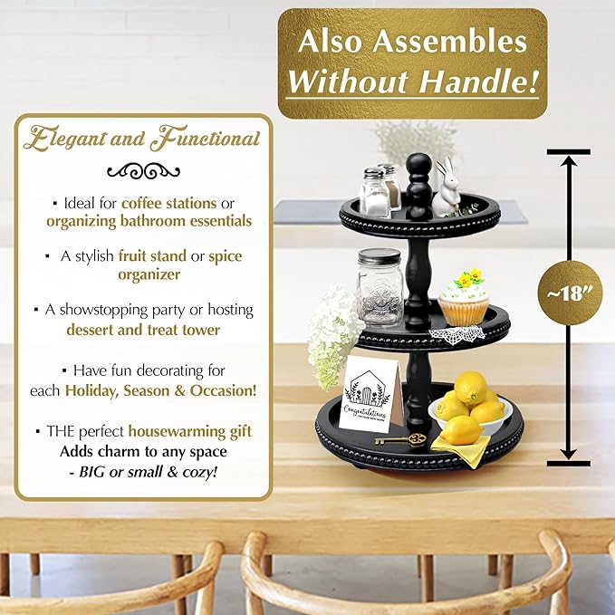 [3-in-1] Wooden Tiered Tray Stand - Beaded 3 Tiered Tray Decor Wood Cupcake Stand for Farmhouse Country Rustic Home - 3 Tier Stand [with 3 Changeable Handles] by Felt Creative Home Goods (Black)