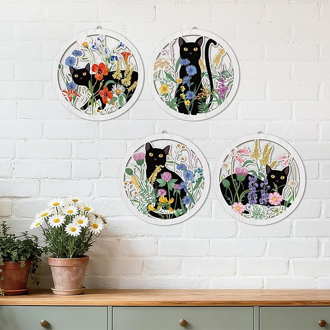 HPNIUB Funny Black Cat Wall Decor,Farmhouse Floral Wooden Signs,4 Pieces 10''x10'' Colorful Botanical Kitten Wall Art,Plant Cat Wood Plaque Home Decor for Pet Shop,Nursery,Lovely Cat Gifts