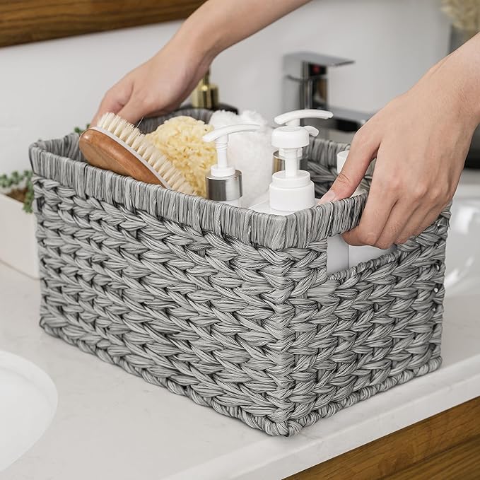 GRANNY SAYS Wicker Baskets with Handles - Gray Storage Baskets (2-Pack) for Organizing Cabinet, Coffee Table