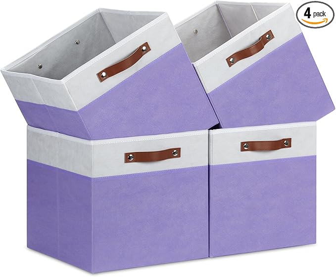 Temary Foldable Cube Baskets 4Pack - Clothes Shelf Storage with Handles, Fabric Storage Organizer Bins (White&Purple, 13x15x13 Inch)