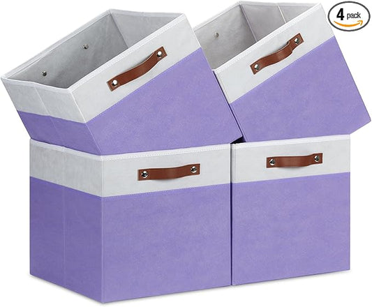 Temary Foldable Cube Baskets 4Pack - Clothes Shelf Storage with Handles, Fabric Storage Organizer Bins (White&Purple, 13x15x13 Inch)