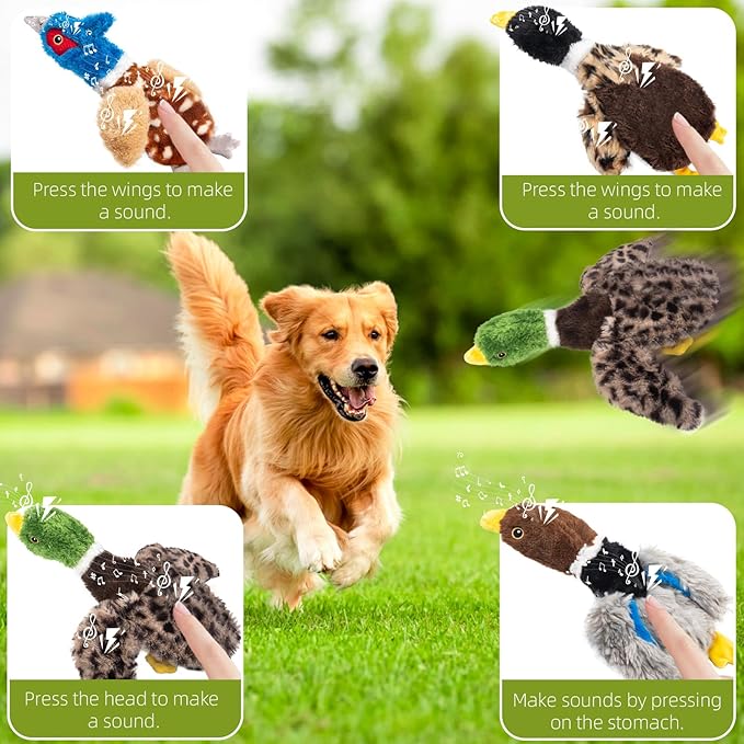 Extra-Plush Duck Dog Toy with 2 Squeakers & Crinkle – No Stuffing Gentle Chewer Squeaker for Calming Play, Soft Toy for Puppies to Senior Dogs (Long Pile, Brown & Grey)