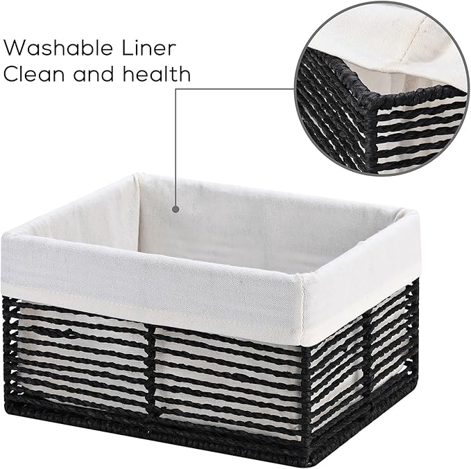 Vagusicc Wicker Storage Baskets, Hand-Woven Paper Rope Black Baskets for Storage, Rectangular Small Wicker Baskets for Organizing, Cube Storage Bins for Closet/Clothes/Dresser, Black, 5-Pack