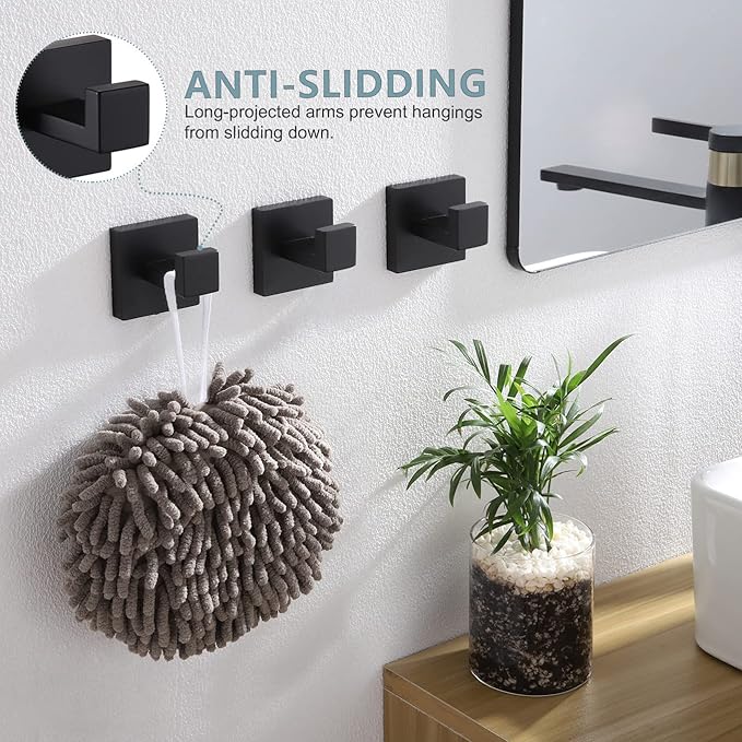 KOKOSIRI Bath Towel Hook Wall Mounted Square Robe Hook Coat Hook Bathroom Kitchen Garage Heavy Duty SUS 304 Stainless Steel 3 Pack Matte Black B1010BK-P3