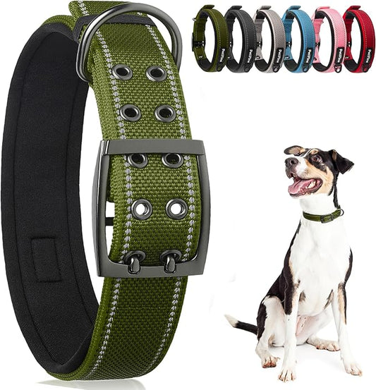 PetiFine Dog Collar for Large Dogs, Neoprene Padded and Adjustable, Reflective Wide Heavy Duty Pet Collars with Durable Metal Belt Buckle for Walking, Green, XL