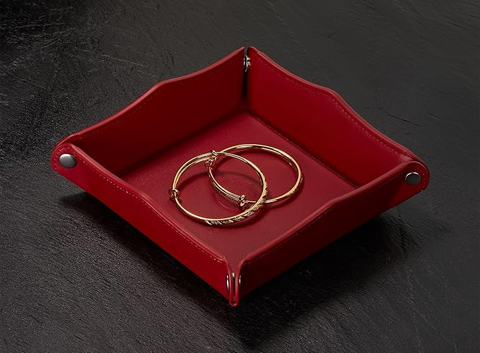 Jewelry Tray, PU Leather Catchall Valet Tray for Girl Key Wallet Coin Box Travel(Coral Red)