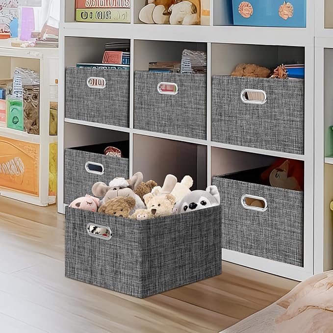 Posprica Closet Storage Bins, 4 Pack Closet Shelf Organizers, Linen Fabric Decorative Storage Baskets for Organizing, Foldable Storage Box for Clothes, Toy, 15x10.5x8.25 Inch (Black)