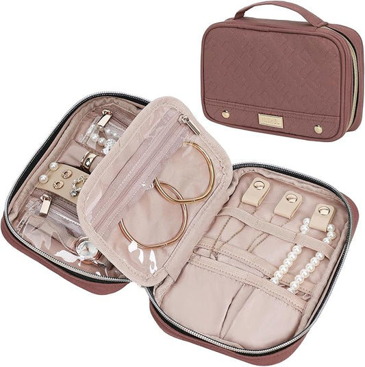 NISHEL Travel Jewelry Case, Holiday Organizer for Necklaces, Earrings, Rings, Bracelets, Watch,Small,Rosewood-Pink