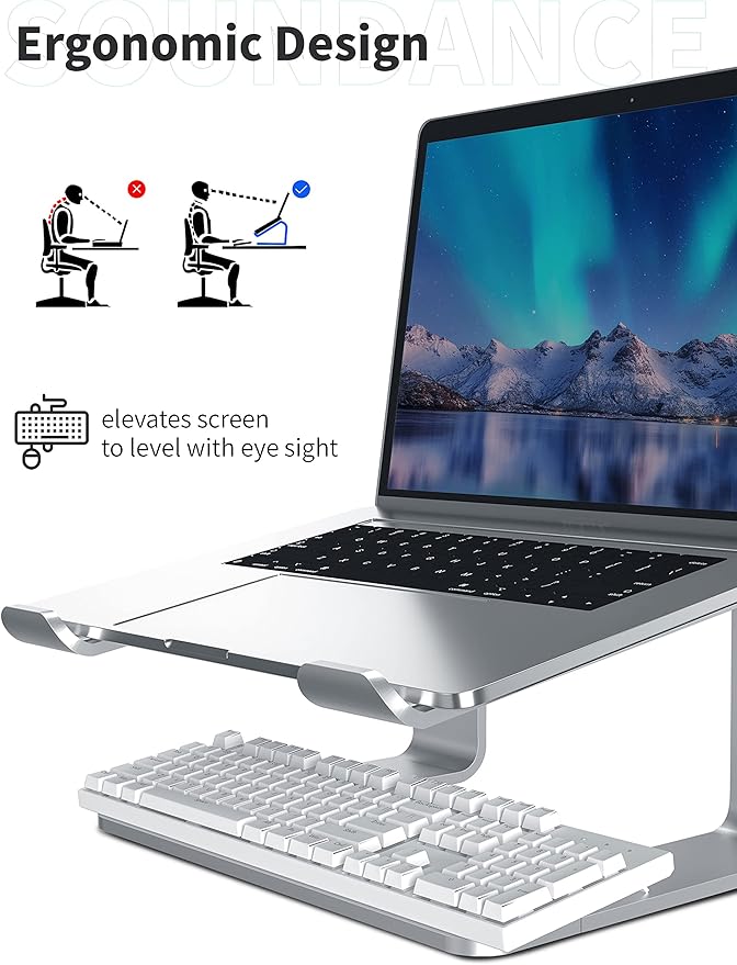 SOUNDANCE Laptop Stand, Aluminum Computer Riser, Ergonomic Laptops Elevator for Desk, Metal Holder Compatible with 10 to 15.6 Inches Notebook Computer, Silver