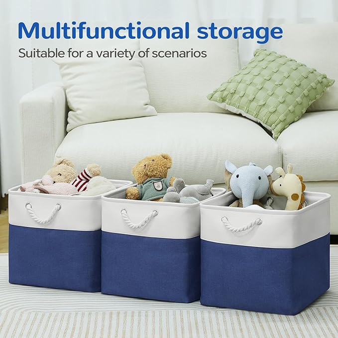 12 x 12 Inch Cube Storage Bins, 4 Pack Fabric Storage Basket with Handles, Foldable Boxes Organizer for Shelf Baskets for Home, Clothes, Toys (White/Blue)