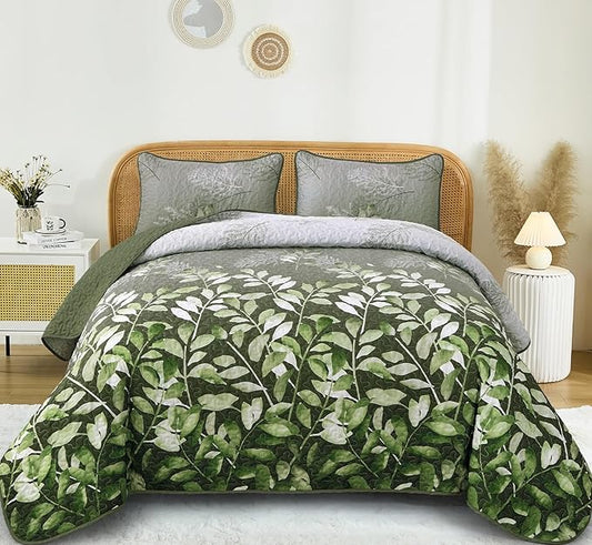 WONGS BEDDING Olive Green Quilt Set King Size,3 Pieces Botanical Leaves Printed Bedspread Coverlet Set,Microfiber Floral Bedding Set for All Season 104"x90"