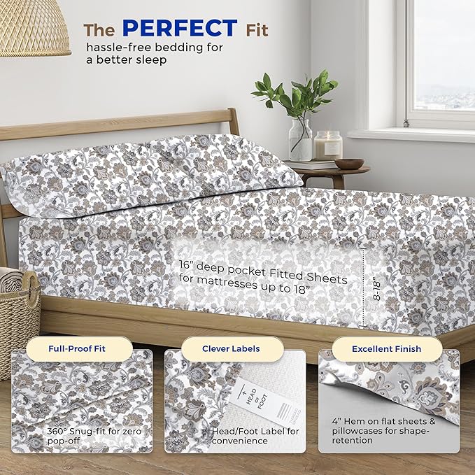 THREAD SPREAD 100% Egyptian Cotton Printed Bed Sheets - 600 Thread Count 4 PC Full Sheet Set, Hotel Luxury Sateen Bedsheets, 16" Deep Pocket Soft Cooling Sheets for Full Size Bed - Floral Ivory