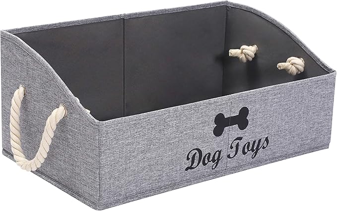 Geyecete Large Dog Toys Storage Bins-Foldable Fabric Trapezoid Organizer Boxes with weave Rope Handle,Collapsible Basket for Shelves(Snow Grey-DOG)