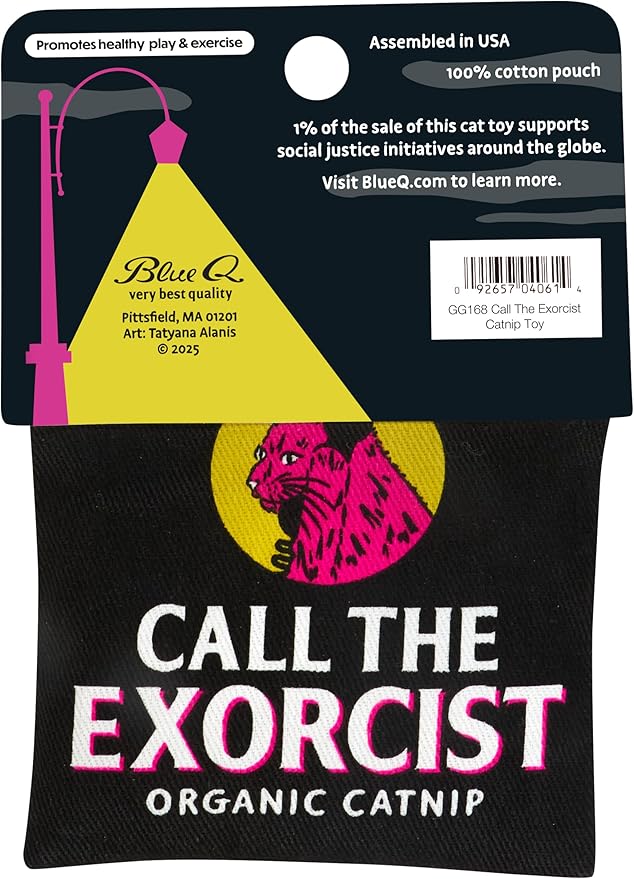 Blue Q Call The Exorcist Catnip Toys - Durable Cat Toys for Biting, Premium USA-Grown Organic Catnip, Pet Supplies, 100% Silk-Screened Cotton Pouch w/Funny Kitty Graphics, Cat Birthday Gift