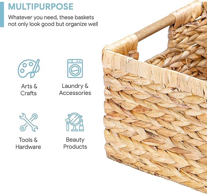 VATIMA Large Rectangular Wicker Basket with Wooden Handles for Shelves and Storage - Natural Water Hyacinth Basket for Organizing, 14.5 x 10.3 x 7.5 inches