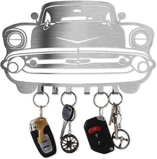 MOOH Car Key Holder for Wall - Metal Automotive Key Holder with 6 Hooks - Unique Car Gift for Men, Women, Car Lovers & Enthusiasts - Cool Man Cave Decor (Chevy Belair 1957, Stainless Steel)