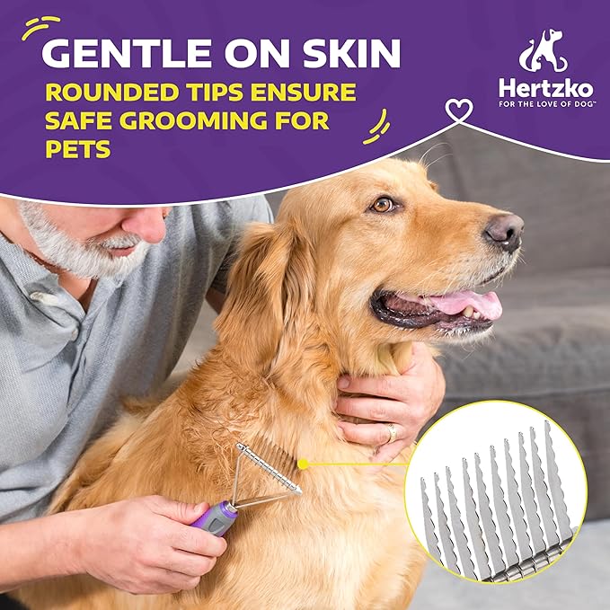 Hertzko Grooming Dematting Comb for Dogs and Cats - Stainless Steel Undercoat Rake for Shedding and Tangled Fur - Ergonomic Handle - Grooming Tool for All Coat Types