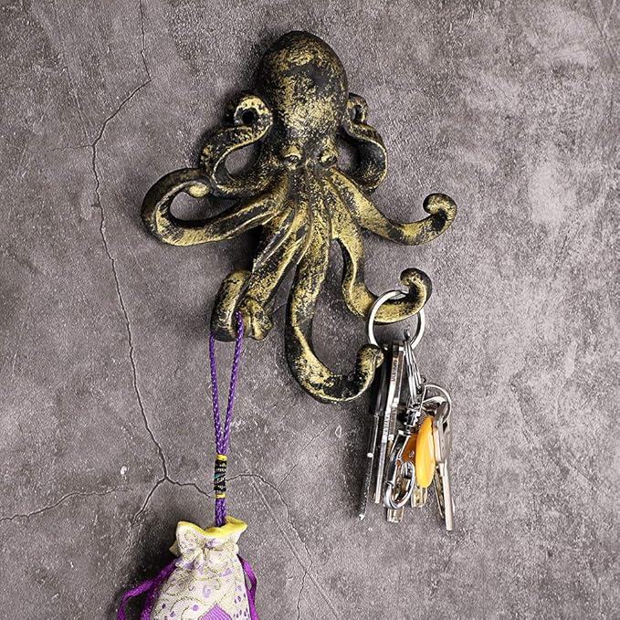 Sumnacon 6 Inch Cast Iron Octopus Decorative Coat Hook - Wall Mounted Nautical Hand Towel Rack Holder with Screws, Rustic Metal Clothing Hanger for Bedroom/Bathroom/Kitchen/Balcony, Green Bronze