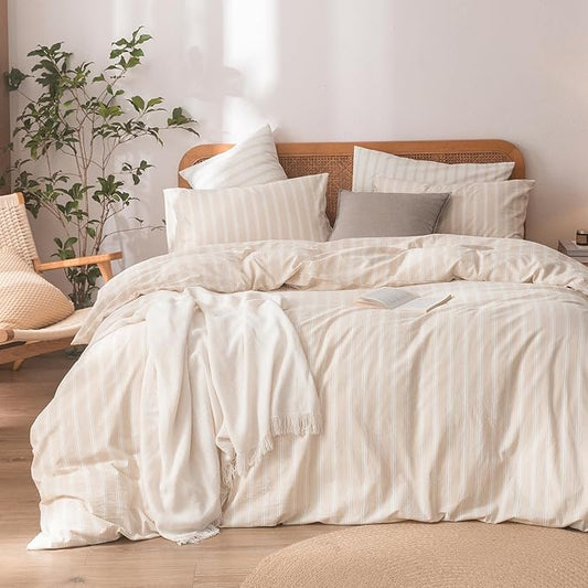 BESTOUCH Duvet Cover Set 100% Washed Cotton Linen Feel Super Soft Comfortable Chic Lightweight 3 PCs Home Bedding Set Almond Grey & White Stripes King