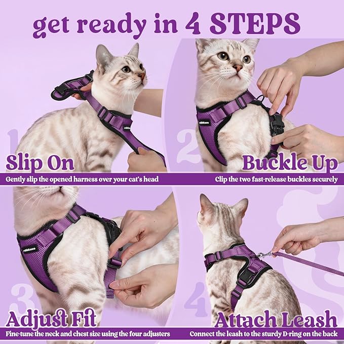 rabbitgoo Cat Harness and Leash for Walking, Escape Proof Soft Adjustable Vest Harnesses for Cats, Easy Control Breathable Reflective Strips Jacket, Purple, XXS