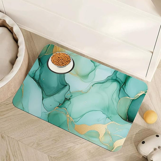 Marble Dog Food Mat for Floors,Green Gold Flowing Marble Absorbent Quick-Dry Pet Feeding Mat,Cat Dog Bowl Mats for Food and Water,Non-Slip Pet Accessories Supplies 16"x24"