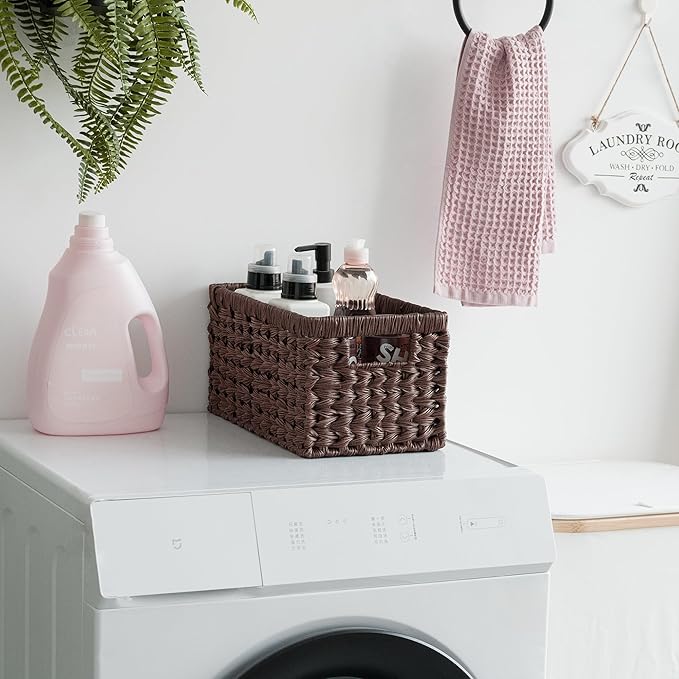 GRANNY SAYS Wicker Storage Baskets for Shelves, Wicker Baskets for Organizing, Waterproof Woven Basket for Pantry, Rectangle Basket for Shlef, Brown, 2-Pack