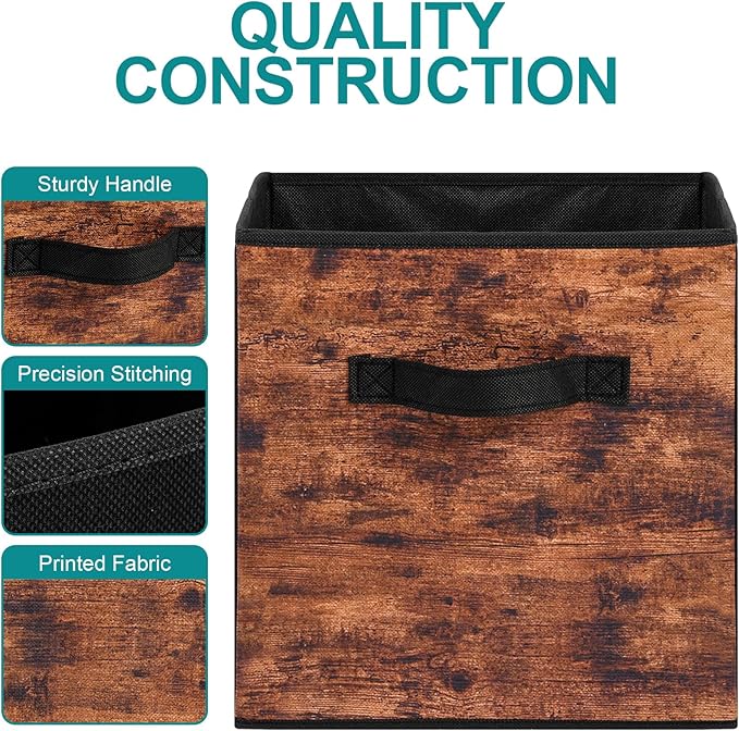 Stero Fabric Storage Cubes, 6 Pack Foldable Storage Bins with Handle, 13 Inch Box for Shelves, Closet, Organizer, Rustic Brown and Black