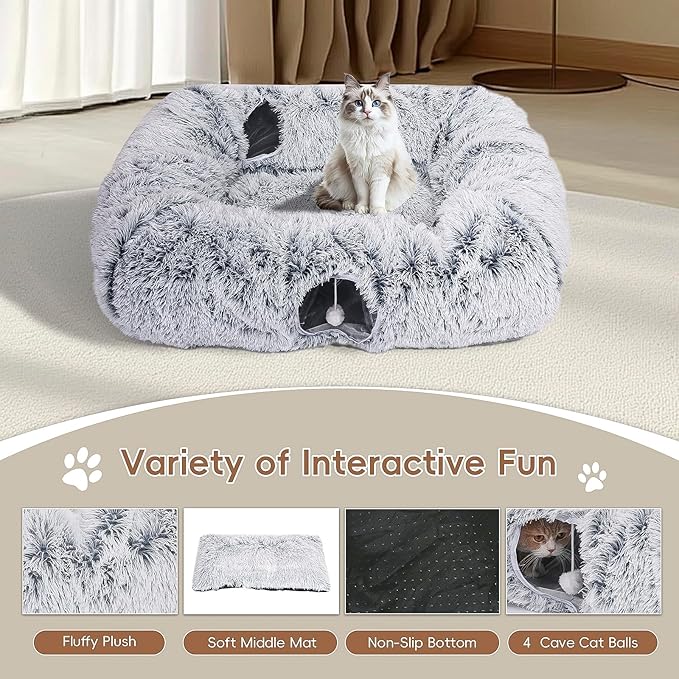 Extra Large Cat Tunnel Bed, 4 Ways Tunnels for Indoor Cats, Multi-cat Family Cat Bed & Cave, Plush Cat Donut with Washable Middle Mat, Exit Balls, Pet Play Toy for Kitten Puppy Rabbit