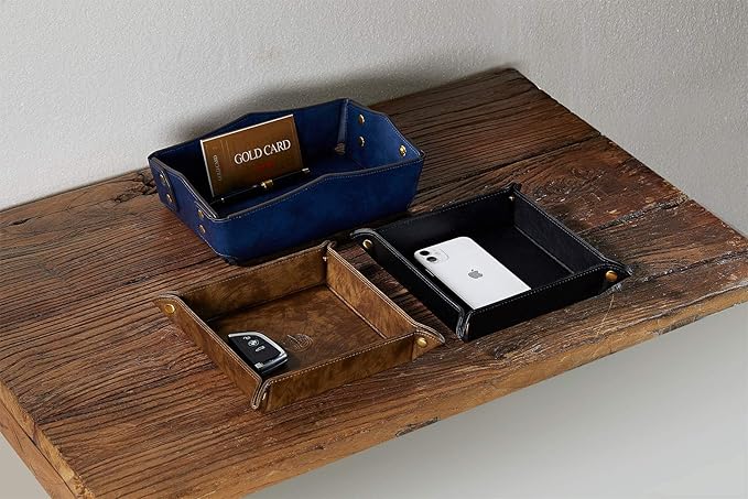 Leather Bedside Storage Tray - Jewelry Organizer for Girl's Key, Wallet, Coin Box - Travel PU Valet Tray (Dark Blue)