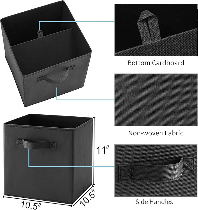MAX Houser Fabric Cloth Storage Bins,Foldable Storage Cubes Organizer Baskets with Dual Handles for Home Bedroom Storage,Set of 6(Black)