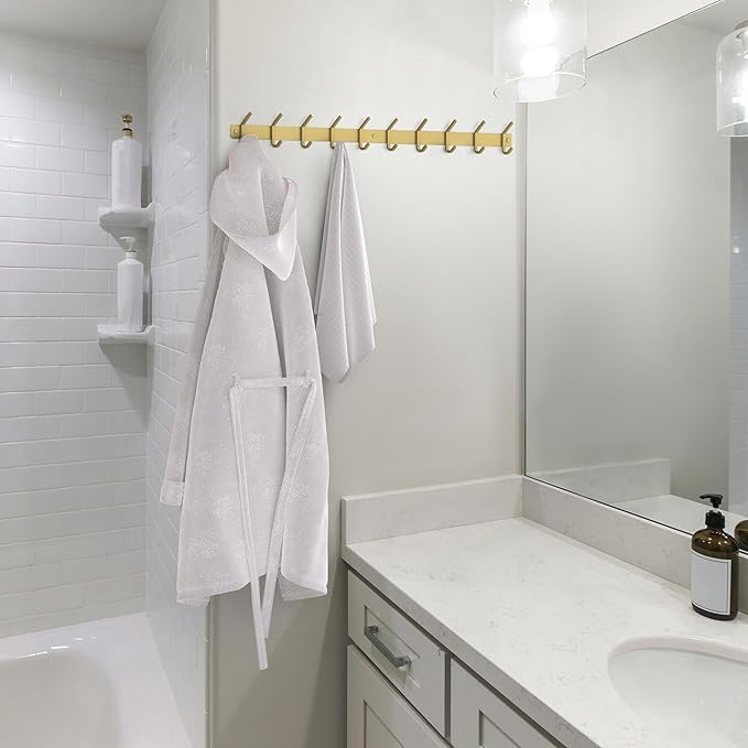 Brushed Gold Wall Mounted Coat Rack – 24 Inch Stainless Steel Rail with 8 Double Coat Hooks for Entryway, Bathroom, Bedroom, Kitchen – Modern Gold Hook Rack for Coats, Hats, Towels