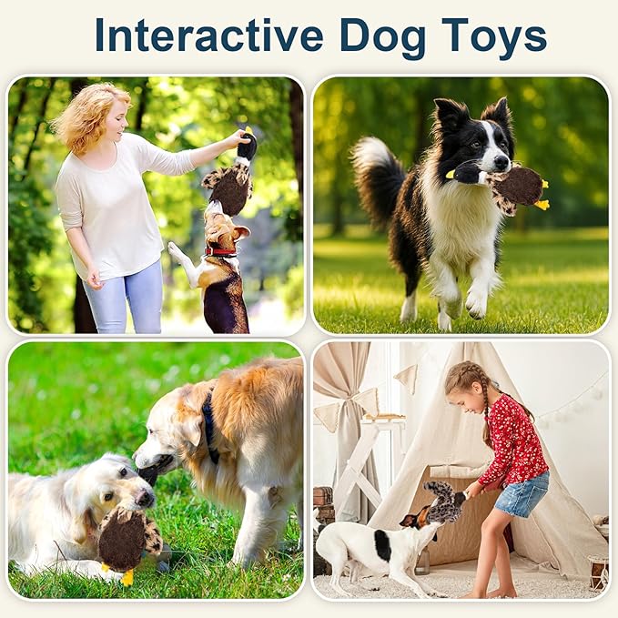 Duck Dog Squeaky Toy for Aggressive Chewers - No Stuffing Durable Plush with 4 Squeakers & Crinkle Wings, Chew Proof Puppy Toys for Small Medium Large Dogs (Black & Brown)