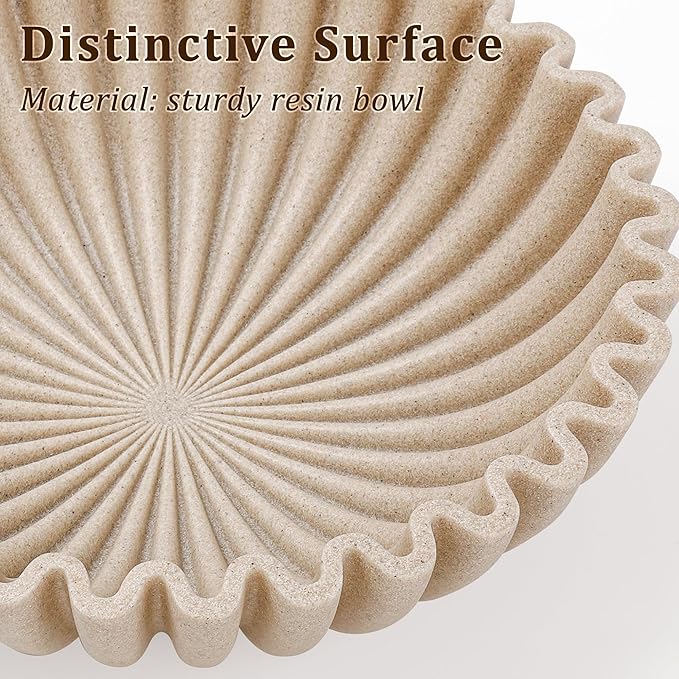 Ruffle Decorative Bowl, Large Fruit Bowl for Kitchen Counter, Stylish Key Bowl for Entry Table, Handcrafted Home Decor Display bowl, Artificial Stone Beige