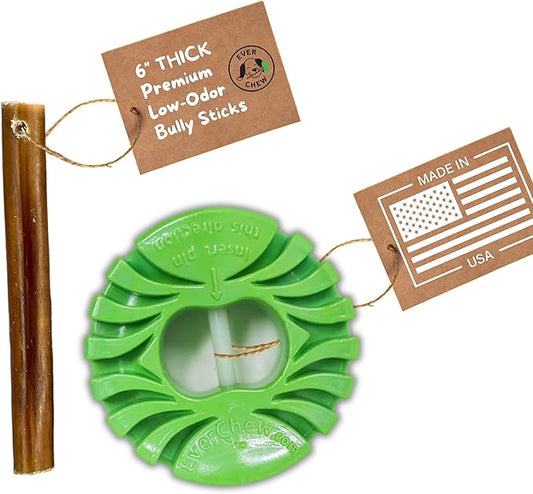 EverChew | Made in USA Bully Stick Holders & Premium All-Natural Bully Stick Starter Packs (SafetyChew+ & 1 Thick 6" Stick | 16 to 39+ lbs)