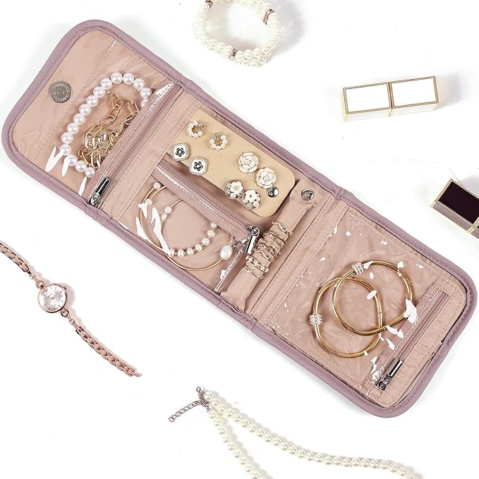 BELALIFE Travel Jewelry Case Organizer, Small Foldable Storage Roll for Earrings, Necklaces, Rings, Bracelets, Brooches, Peach-Pink
