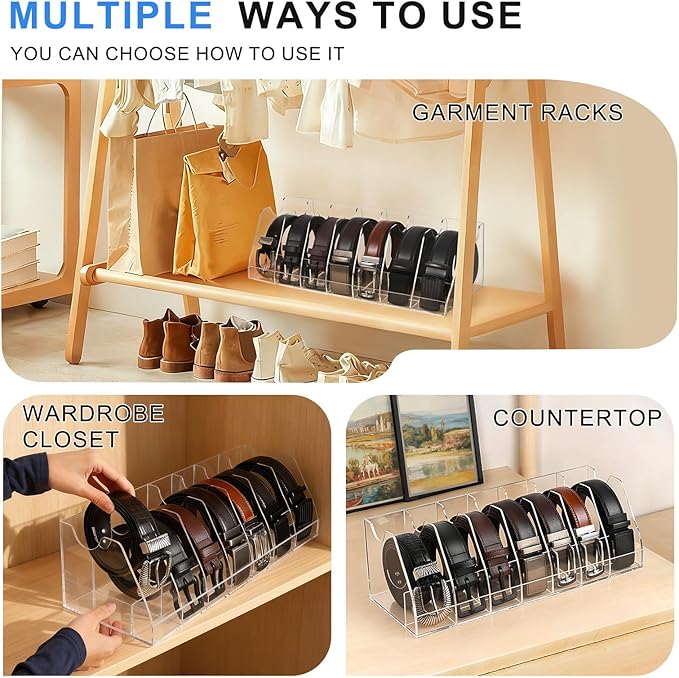 XZQTIVE Belt Organizer, Acrylic Belt Storage Holder for Closet with 7 Compartments, Clear Display Case For Ties,Socks