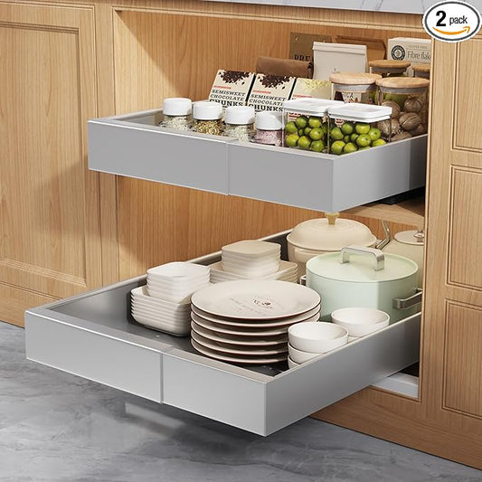 2 Pack Pull Out Cabinet Organizers 21" Deep With Raising Pad for Framed Cabinets, Expandable Width (9"-14") Slide Out Drawers Upgrade 3 Slide Rails, Roll Out Shelves Adhesive, Silver