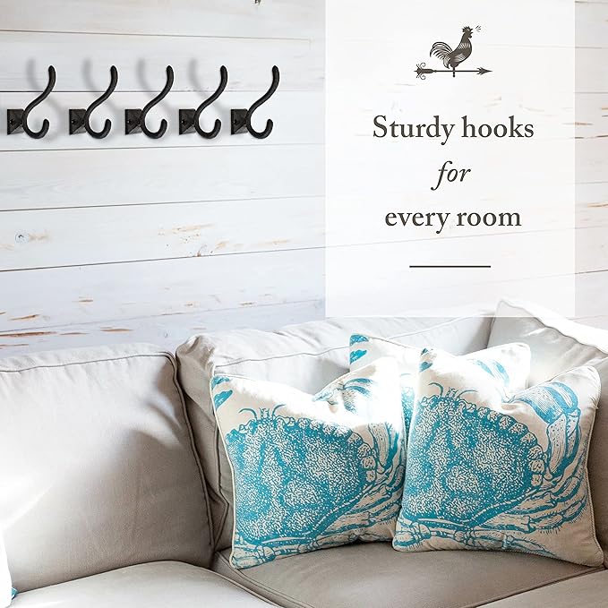 Rustic Wall Hooks for Hanging (5 Pack) Cast Iron Black Coat Hooks Wall Mounted - Farmhouse Decor Square Base Hooks for Coats, Bags, Hats, Towels (Black Hooks)