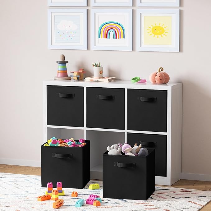 NEATERIZE Fabric Storage Cubes - 6 Pack Heavy Duty Solid Black Bins - 13 Inch Cube Organizer, Use As A Clothes Storage Box In Closet, Baskets For Shelves or Cubbies