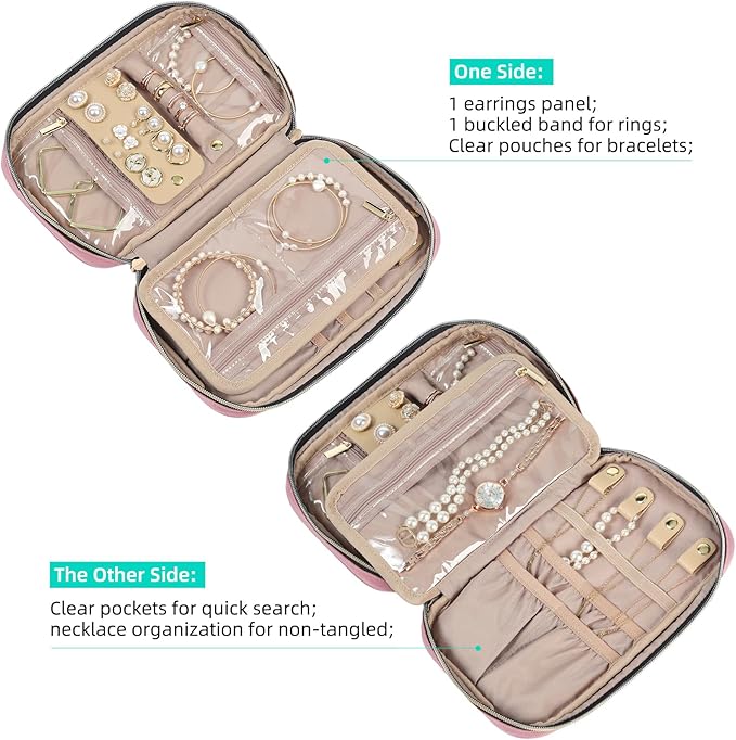 NISHEL Travel Jewelry Case, Holiday Organizer for Necklaces, Earrings, Rings, Bracelets, Watch, Rosewood-Pink