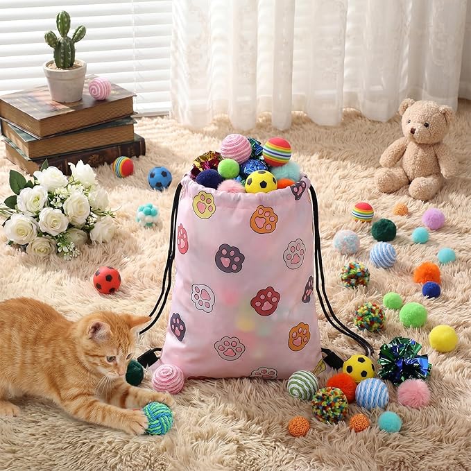 Leitee 100 Pcs Cat Toy Balls Bulk with 1 Cat Paw Gift Storage Bags Set - Variety Interactive Kitten Toys Bundle with Crinkle Ball, Balls, Bells for Kittens and Indoor Cats Chase Pounce Rattle Play